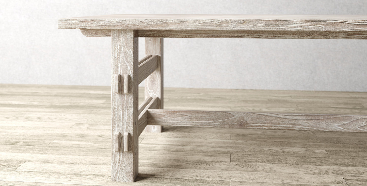 84x40" Tahoe Teak Dining Table, Brushed-Textured Sun Bleached Finish.